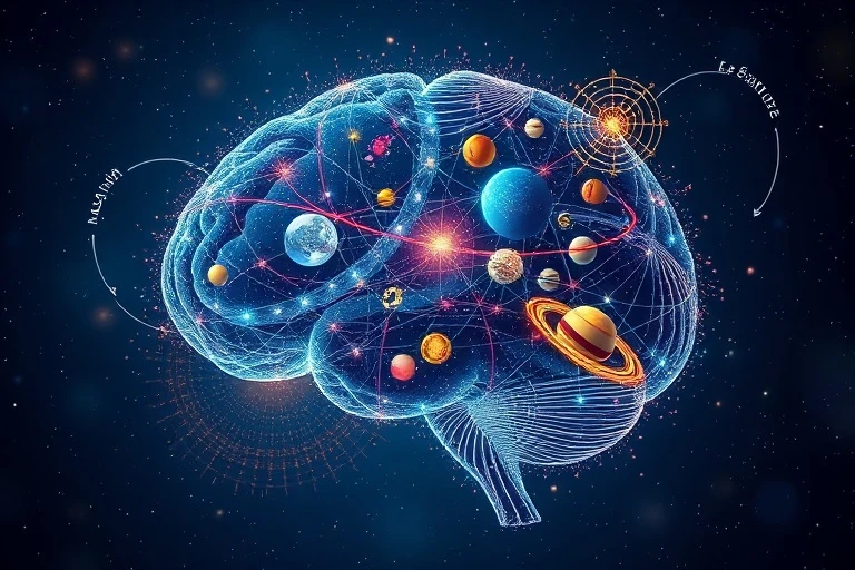 Conceptual art showing a glowing brain connected to a cosmic natal chart