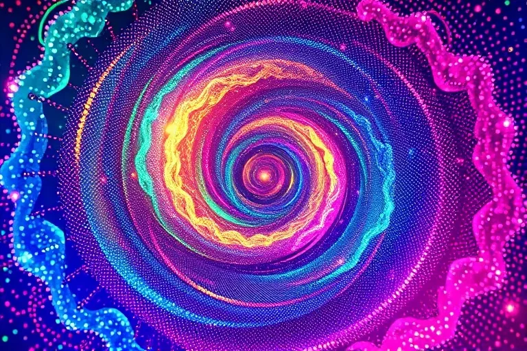 Abstract rendering of swirling iridescent energy forming complex geometric patterns