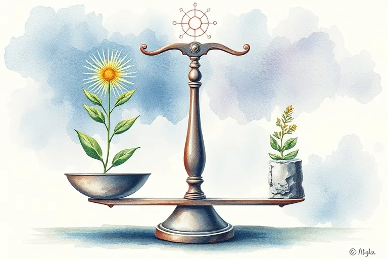Balanced scale with vibrant plant and crumbling pillar with wilting plant