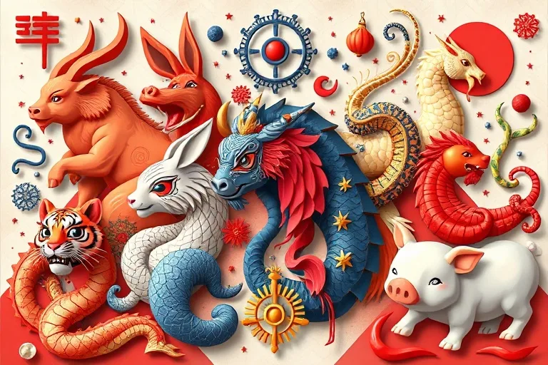 Collage of Chinese Zodiac animals with abstract psychological symbols