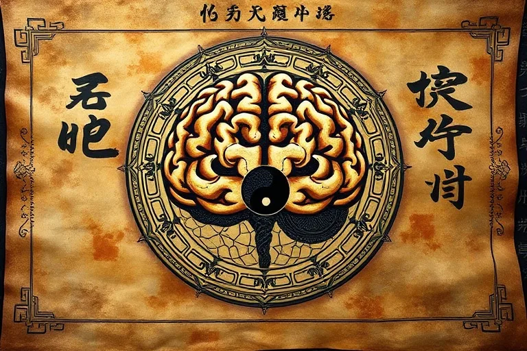 Oil painting of an ancient scroll revealing a brain and Chinese calligraphy