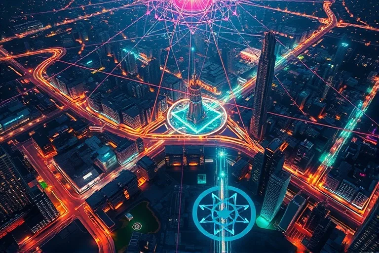 City map overlaid with glowing ley lines and ancient symbols