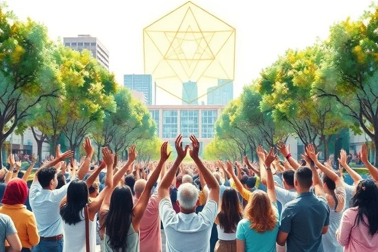 Diverse group doing a community ritual in a city park