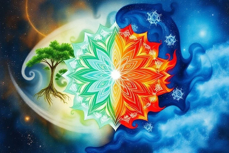 Abstract watercolor painting depicting four elemental sections blending harmoniously, with subtle health symbols.