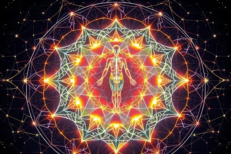 3D render of a futuristic wellness interface showing a human silhouette with personalized elemental energy flows and holistic health recommendations.
