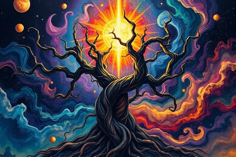 Abstract representation of internal struggle and growth, with intertwined thorny vines, one dark and rooted, the other vibrant and reaching for light.