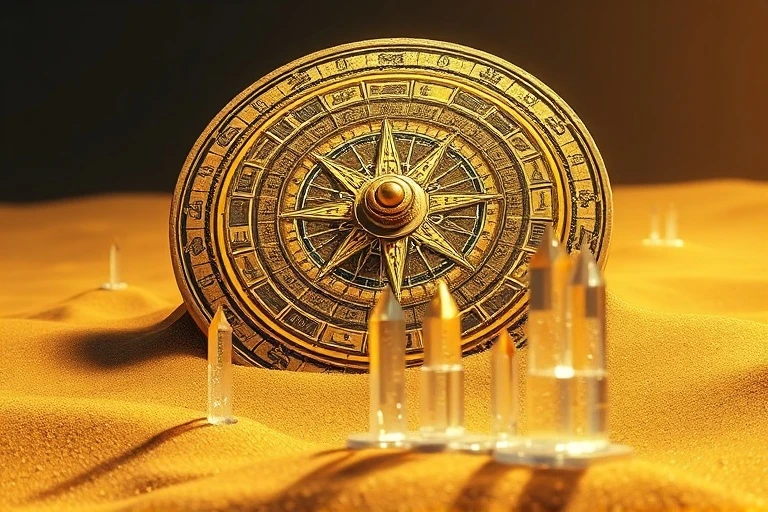 Stylized ancient compass or astrolabe, intricately designed with celestial symbols, pointing towards an unseen, evolving future, partially obscured by shifting sands.