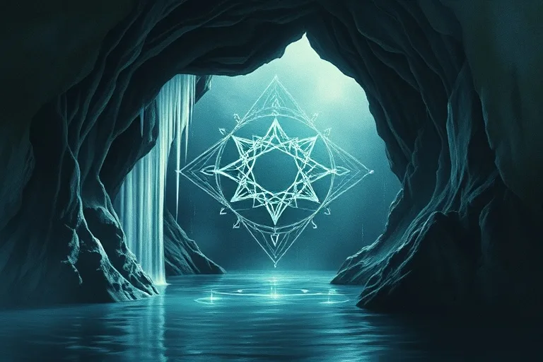 Surreal cave entrance with glowing symbols representing subconscious