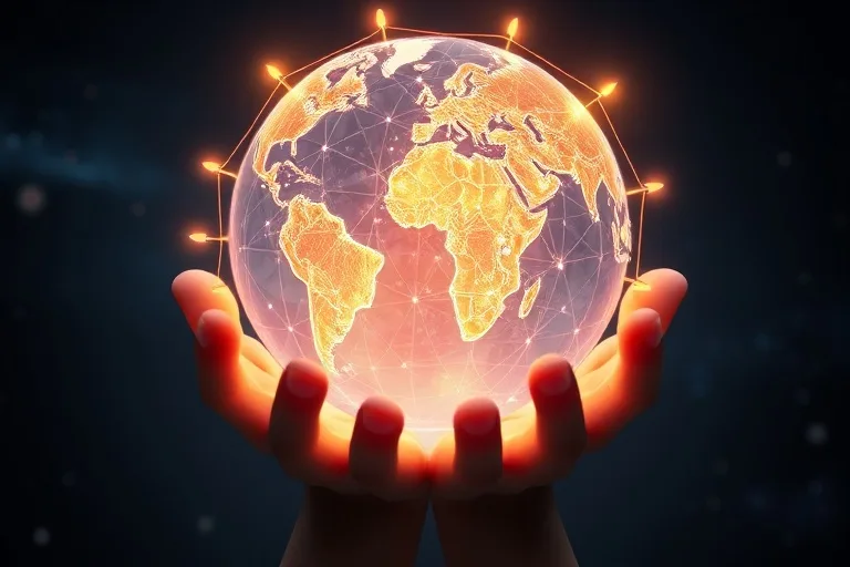 Stylized globe with neural pathways, hands cradling