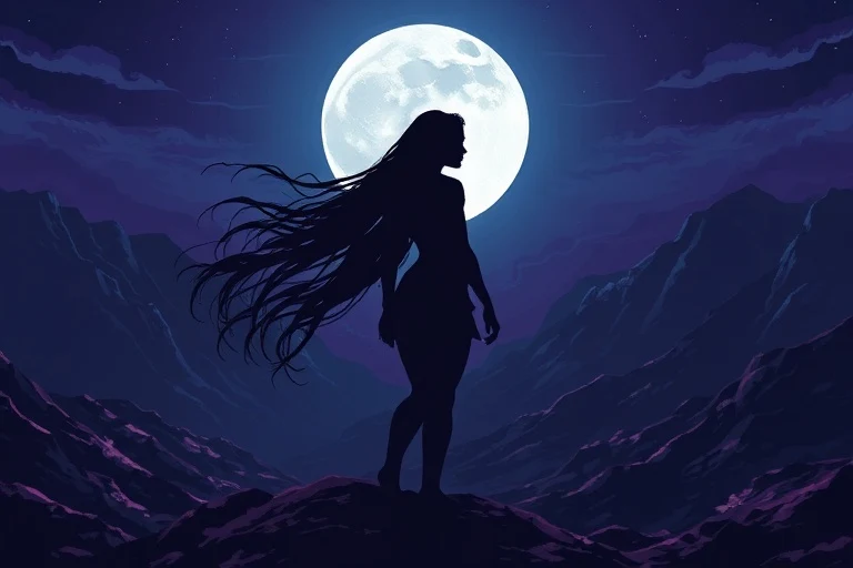 Silhouette of a woman against a wild, moonlit landscape, embodying untamed feminine energy