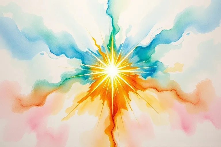 Abstract watercolor painting of a golden crack radiating blue and green healing light