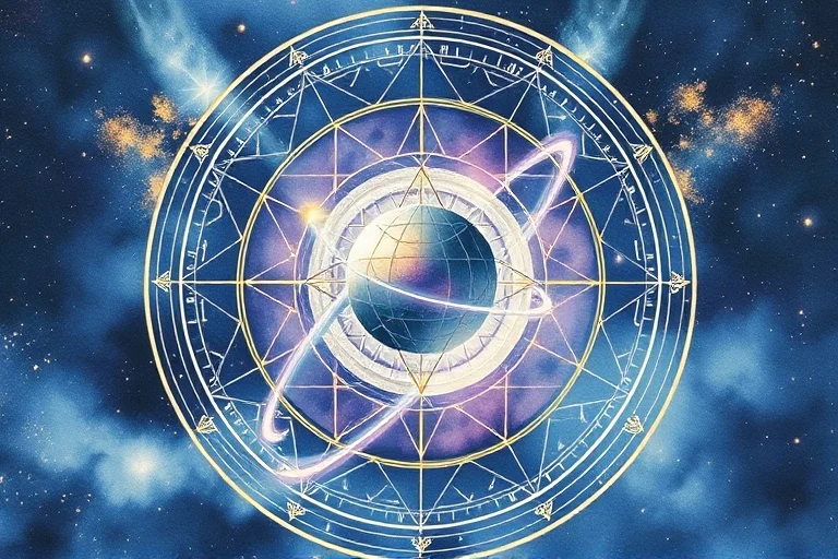 Abstract watercolor of intertwined celestial bodies