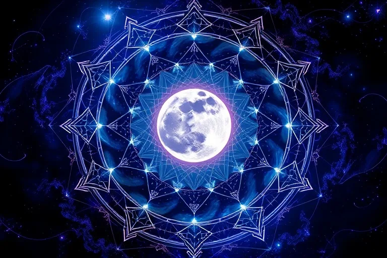 Abstract digital painting of lunar phases influencing global energy patterns.