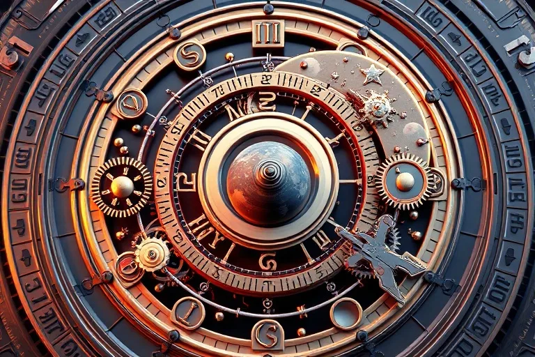 3D render of intricate clockwork mechanism symbolizing celestial mechanics and global events.