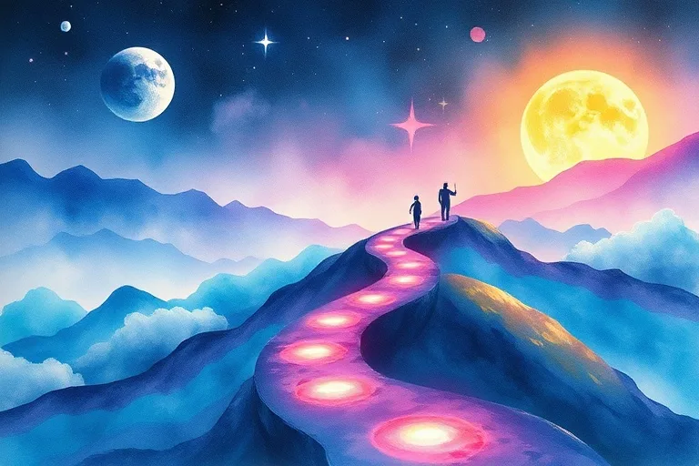 Watercolor depiction of a winding life path with subtle figures at different stages, illustrating the concept of life path timing and transitions.
