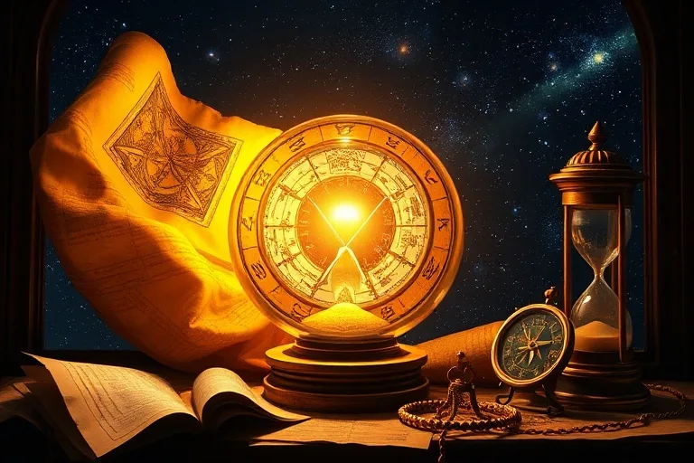 3D render of ancient astrological scrolls and charts unfurling from a golden orb, surrounded by symbolic elements like an hourglass and compass, against a cosmic backdrop.