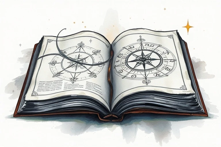 Watercolor painting of an open book with astrological symbols and flowing digital code