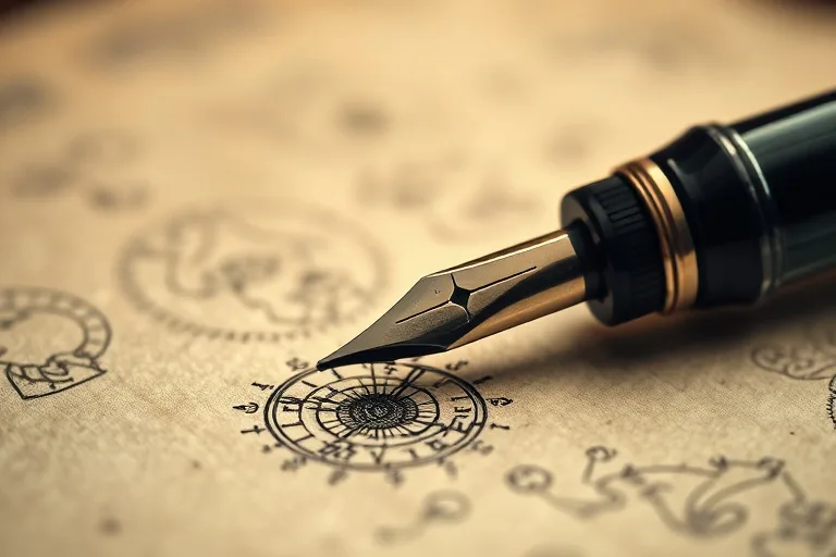 Close-up of a vintage fountain pen writing glowing symbols on parchment