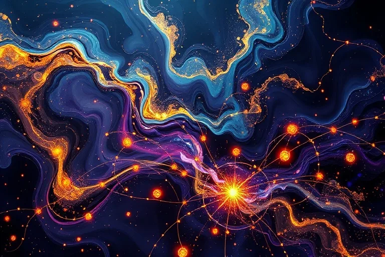 Abstract network of glowing quantum threads and nodes