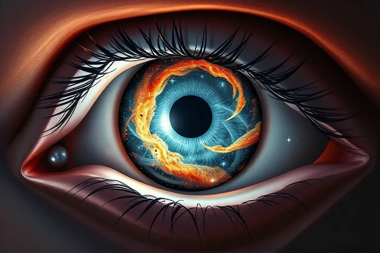 Oil painting of an eye reflecting a galaxy with quantum symbols