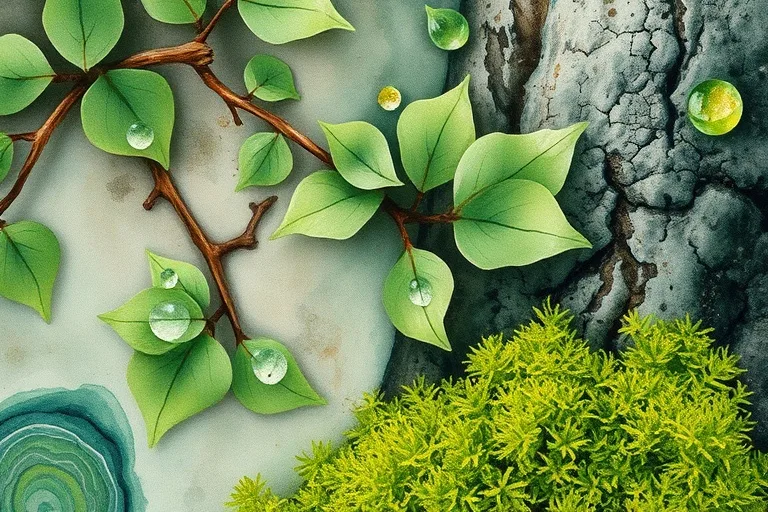 Close-up watercolor of forest leaves, bark, and moss with dew drops