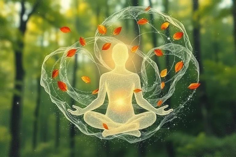 Ethereal 3D render of abstract meditating silhouette in nature