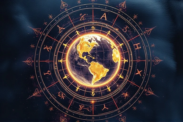 Intricate digital painting of an astrological chart wheel with fixed stars and lunar nodes highlighted