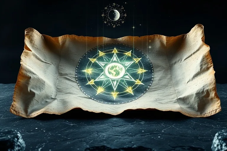 Conceptual 3D render of an ancient scroll with glowing astrological symbols for fixed stars and lunar nodes
