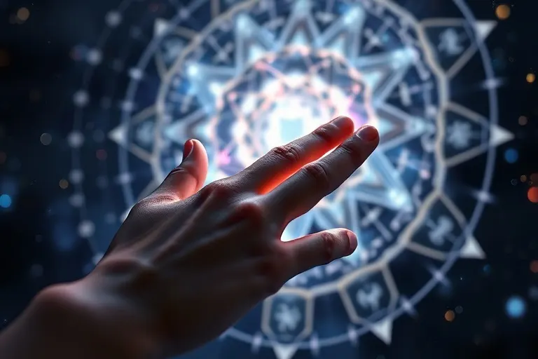 Holographic human hand touching glowing interface with tarot cards, astrological charts, and meditation symbols.