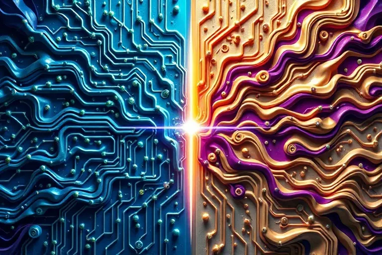Abstract art of swirling digital circuits and organic forms, cool blues and warm purples, representing data and human intuition.
