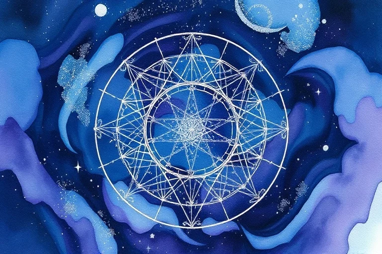 Abstract watercolor of cosmic energies and interconnected patterns
