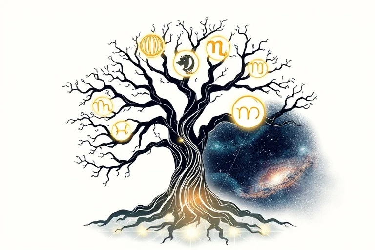 Stylized tree with zodiac symbols on branches, representing relationship growth