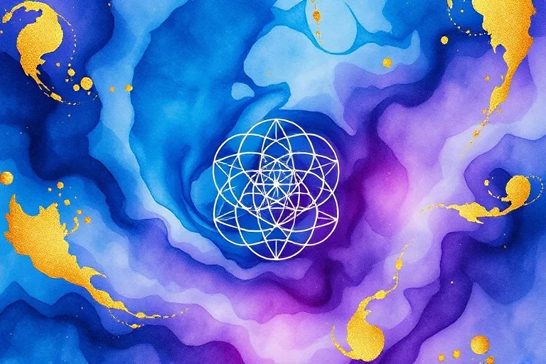 Abstract watercolor of swirling cosmic colors with interconnected geometric shapes