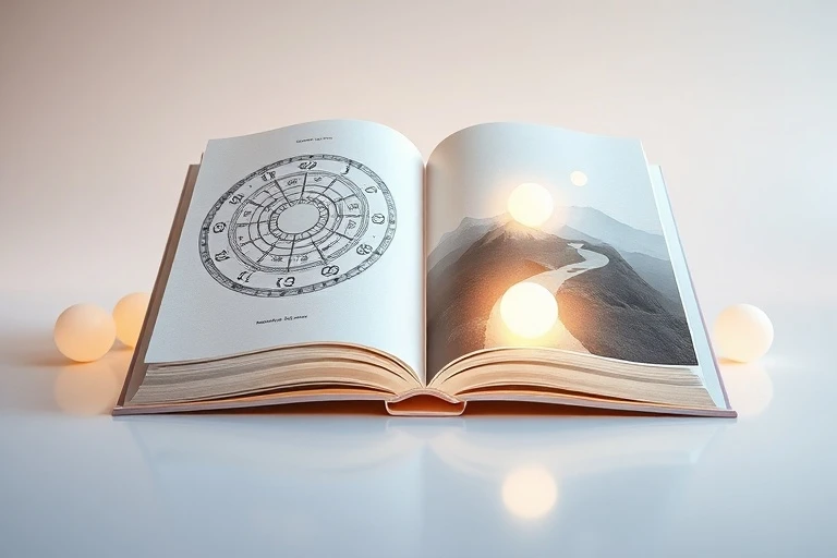 Open book with glowing pages, one showing an astrological chart and the other a winding path, symbolizing self-discovery