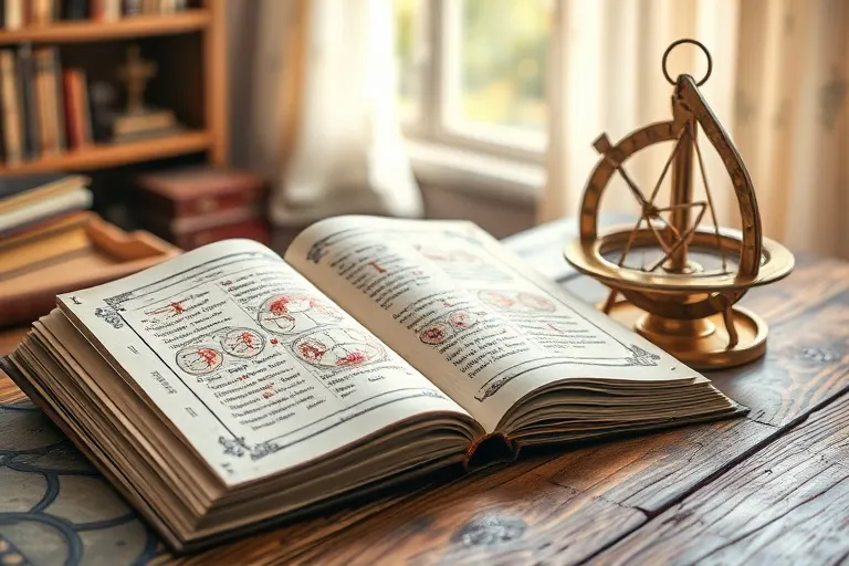 I Ching book and astrolabe on a table