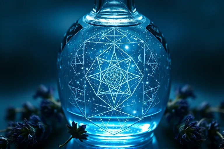 Apothecary bottle with blue elixir and dried herbs