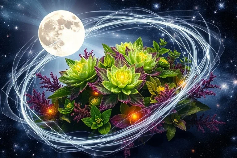 Abstract digital painting of lunar energy flowing into glowing herbs