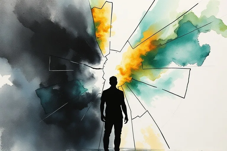 Human silhouette facing broken mirror reflecting shadow figures