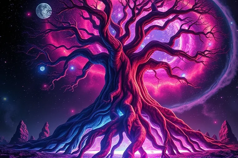 Intertwined tree roots reaching into crystalline earth, glowing orbs in branches