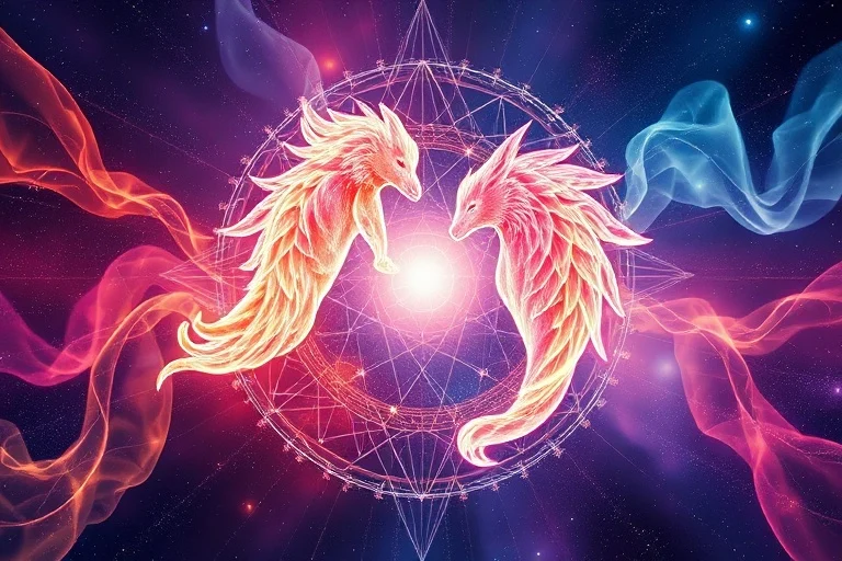Abstract depiction of vibrant, flowing energy fields connecting two distinct auras, symbolizing energetic bonds