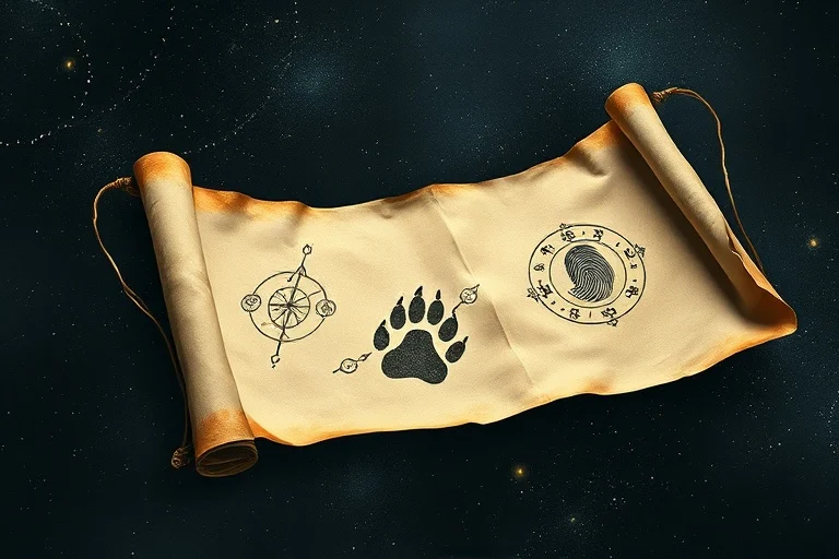 Surrealist artwork of an ancient scroll with astrological symbols, intertwined with a paw print and human fingerprint, against a cosmic backdrop