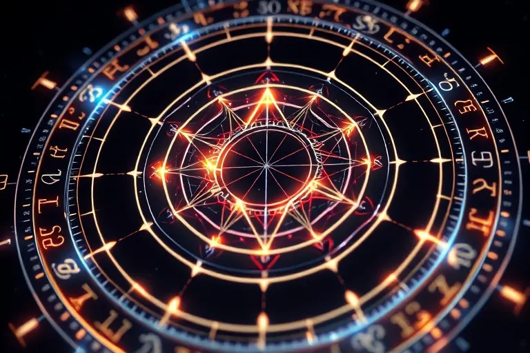 Holographic projection of a birth chart with highlighted critical degrees