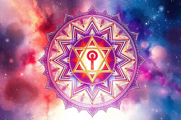 Watercolor painting of intertwined esoteric symbols and geometric patterns