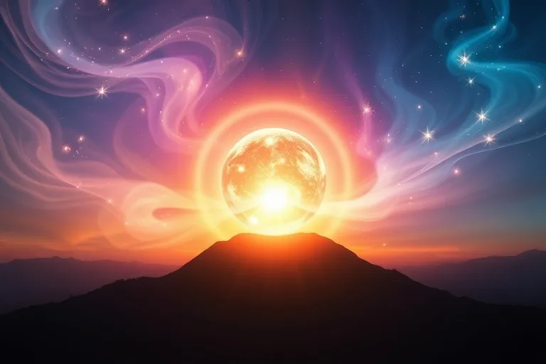 Abstract digital painting of energetic balance with swirling colors and glowing orb