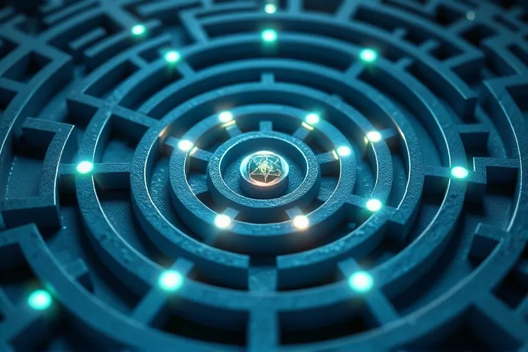 Stylized vector art illustration of a complex maze, with a small, agile light navigating its pathways, symbolizing strategic planning and resourceful problem-solving in business.