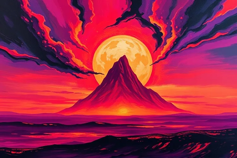 Impressionistic oil painting of a majestic, abstract form rising above a vibrant horizon, symbolizing visionary leadership and ambitious goals, with no human figures present.