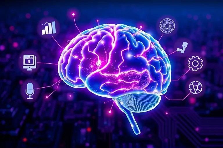 Representación digital de un cerebro humano conectado a símbolos de diversas habilidades, ilustrando el desarrollo de competencias.