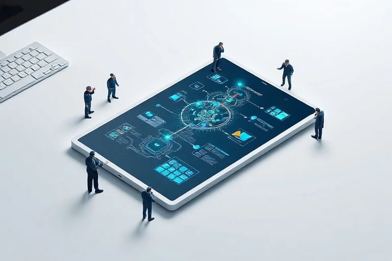 Una mesa de oficina moderna con una tableta mostrando un mapa estratégico, rodeada de pequeñas figuras humanas colaborando.