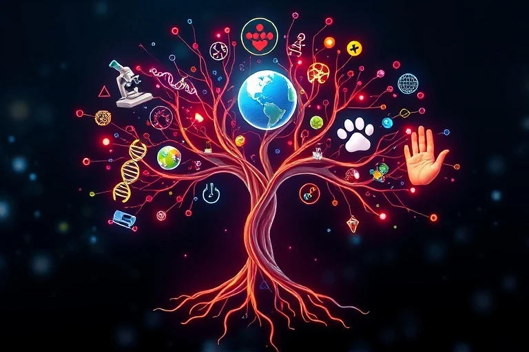Ilustración vectorial de símbolos científicos como ADN, microscopio, globo, pata de animal y mano humana, convergiendo para formar una red o árbol estilizado.