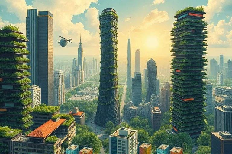 Pintura al óleo surrealista de una ciudad futurista con infraestructura verde, edificios cubiertos de granjas verticales y energía limpia, mostrando coexistencia armoniosa entre civilización y naturaleza.
